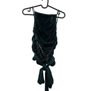 Tie waist dark green velvet strapless top